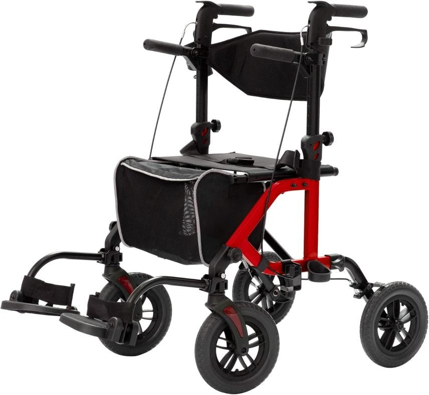 Déambulateur tot-terrain 2-en-1 y fauteuil de transport – plegable, ruedas pleines 10″, dossier réversible y repose-pies amovibles, azul