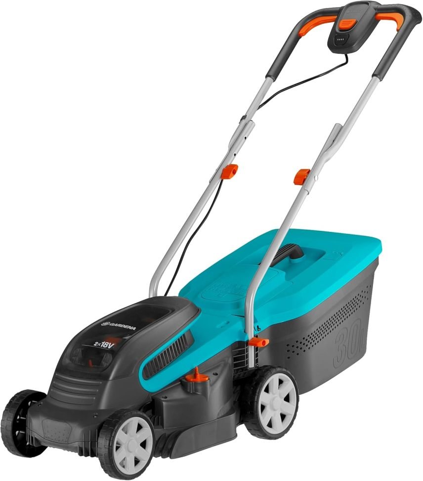 Gardena PowerMax 32/36V P4A Kit Cortacésped inalámbrico prêt à l’emploi – Jusqu’à 200 m², ancho 32 cm, bac 30 L, altura 20-60 mm, 2 baterías 18 V P4A