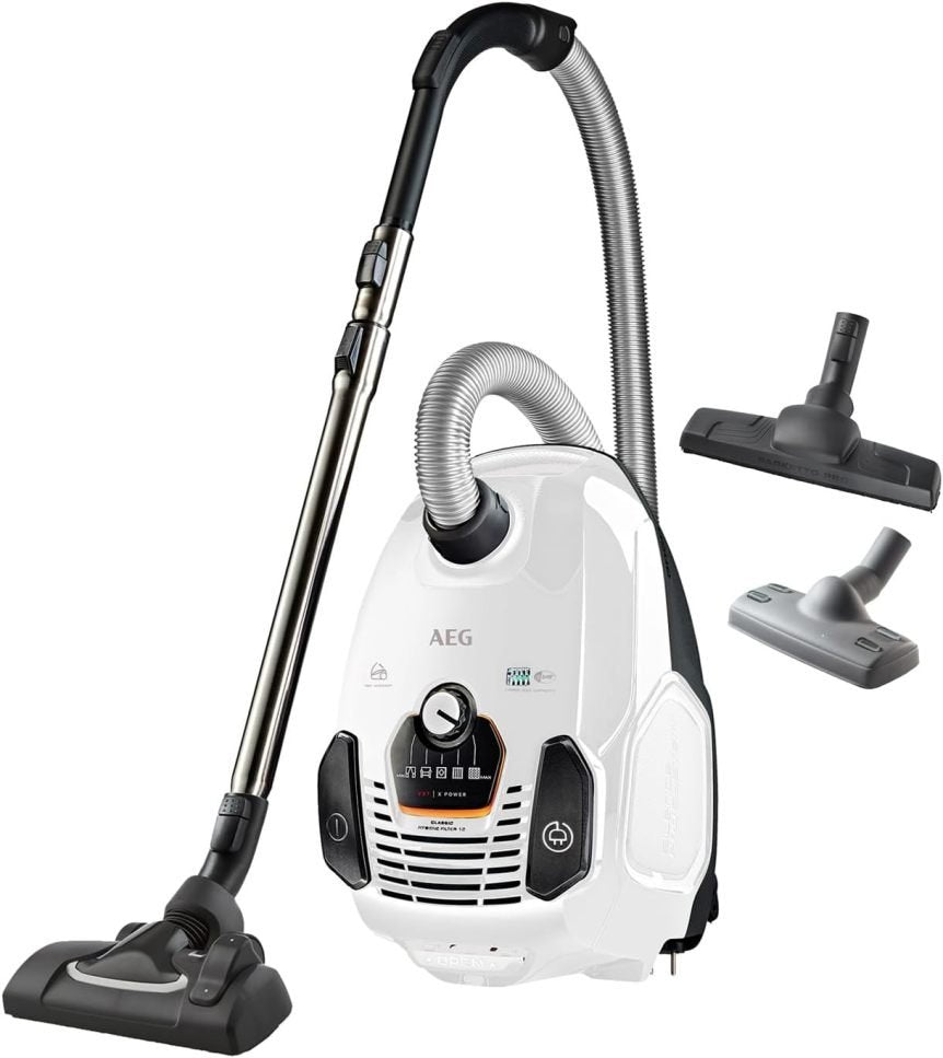 AEG VX7-2-IW-S aspiradora – ruedas soples 360°, seulement 69 dB(A), accessoires, asa Ergo, filtre lavable, 650 W, rayon 12 m, blanco