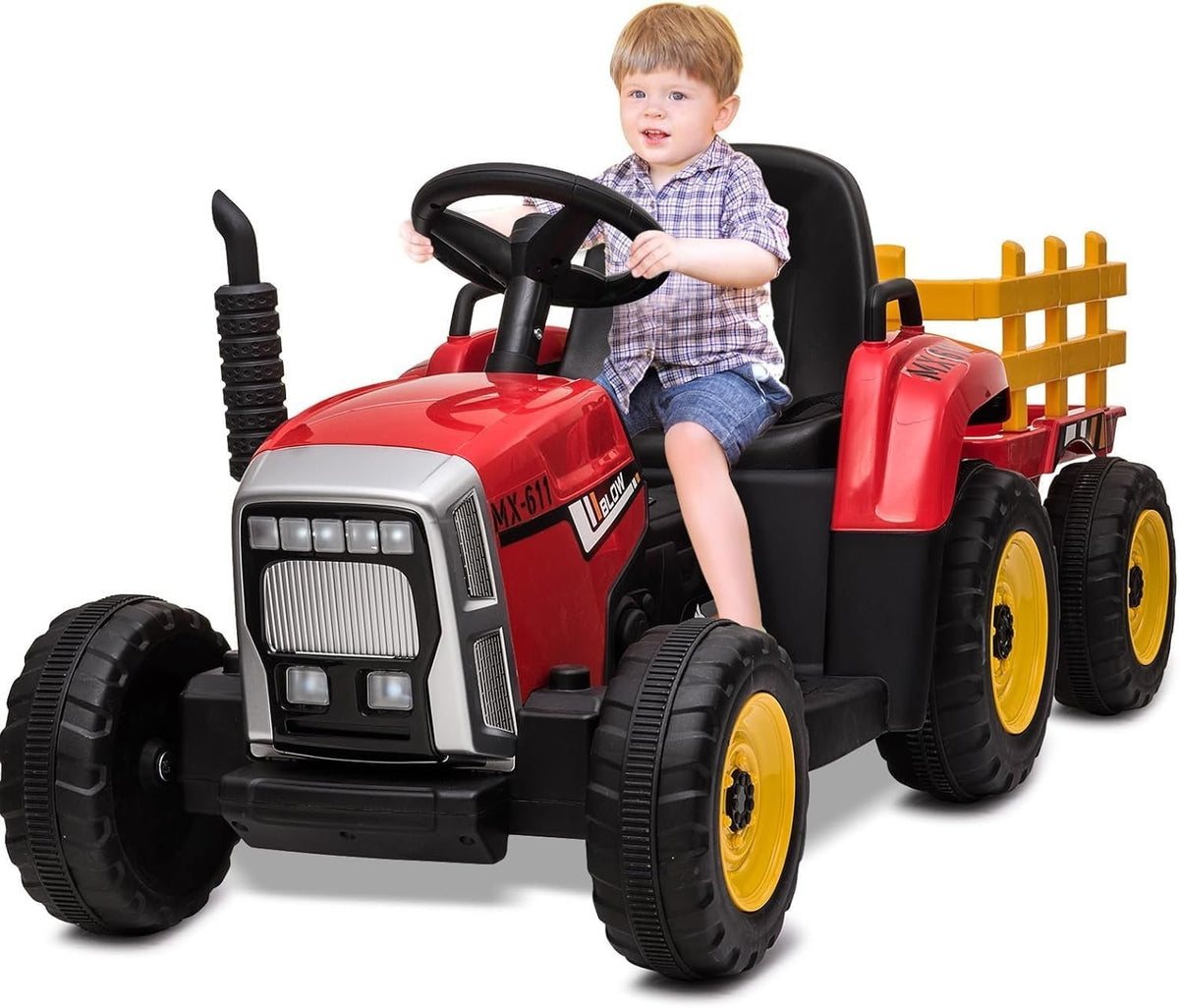 HAUSPROFI Tracteur eléctrico niño 12 V 3 velocidads con remorque – 2 modes, mando a distancia 2,4 GHz, LED, Bluyooth, musique, USB, dès 3 ans, verde