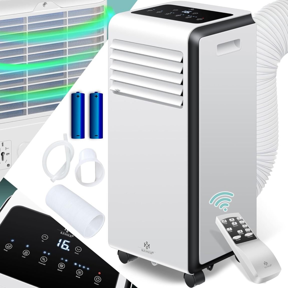 KESSER aire acondicionado mobile 4-en-1 – Refroidissement, déshumidification, ventilation, 9000 BTU/h, 1005 W, mando a distancia, minuterie, mode nuit, ruedas