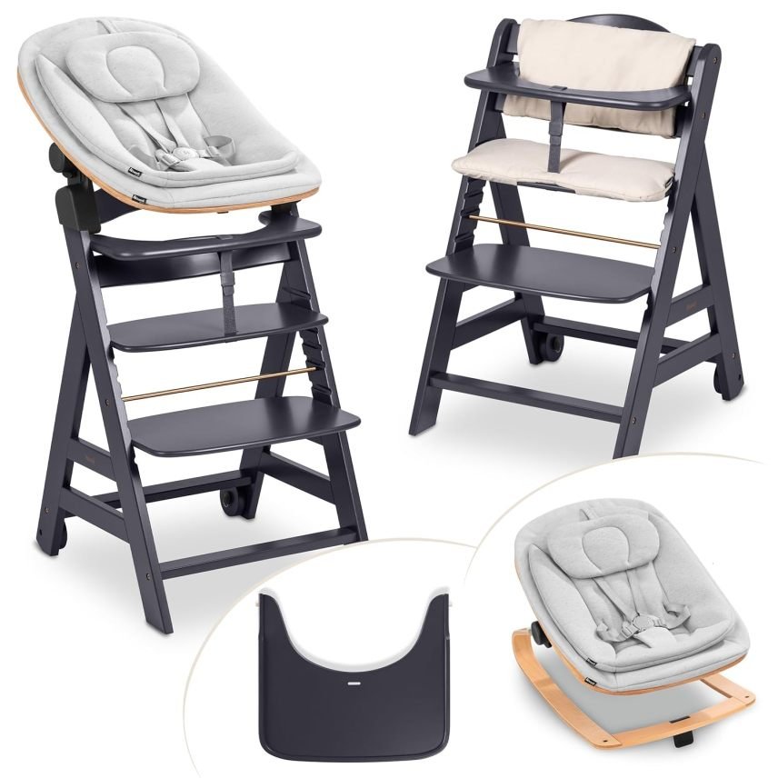 Hauck Bya+ Newborn Sy Eco Boncer trona évolutive de madera dès la naissance, con tumbona nuevo-né, cojín y mesatte, Gris oscuro