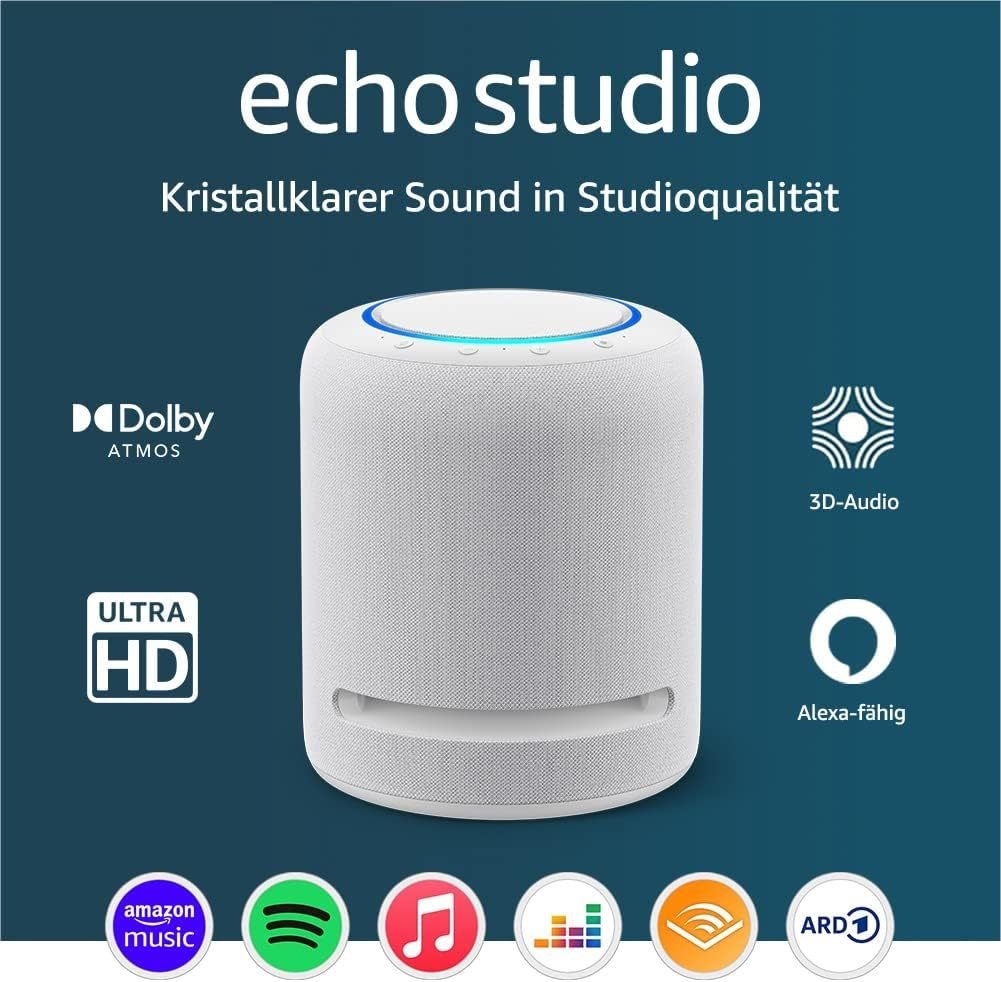 Echo Studio dernière génération – altavoz intelligente Wi-Fi/Bluyooth con Dolby Atmos, audio 3D, hub maison connectée y Alexa, blancohe