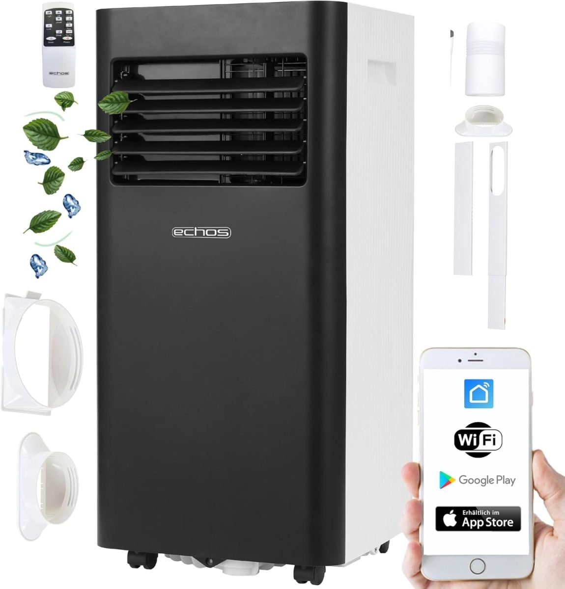 Echos aire acondicionado mobile 3-en-1 Wi-Fi – Kit ventana, tuyau d’évacuation, minuterie 24 h, mando a distancia, 9000 BTU, 3 modes