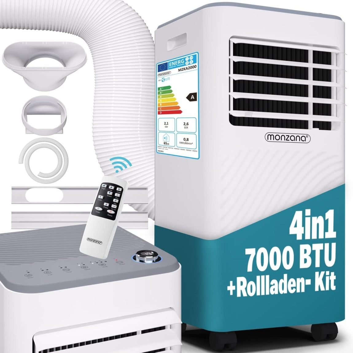 Monzana MZKA2000 aire acondicionado mobile 7000 BTU 3-en-1, 750 W – Tuyau d’évacuation, minuterie 24 h, jusqu’à 25 m², mando a distancia, déshumidificateur, kit