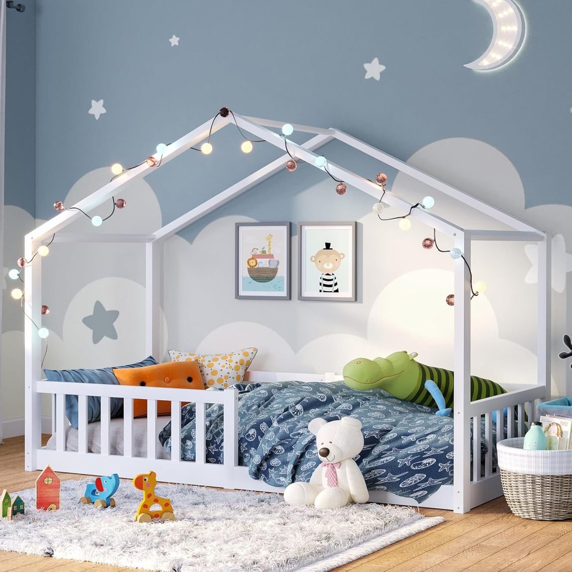 Bellabino Bia cama cabane niño 140 × 200 cm – Barrière anti-chute, sommier à lattes, cama Montessori au sol en pino massif blanco