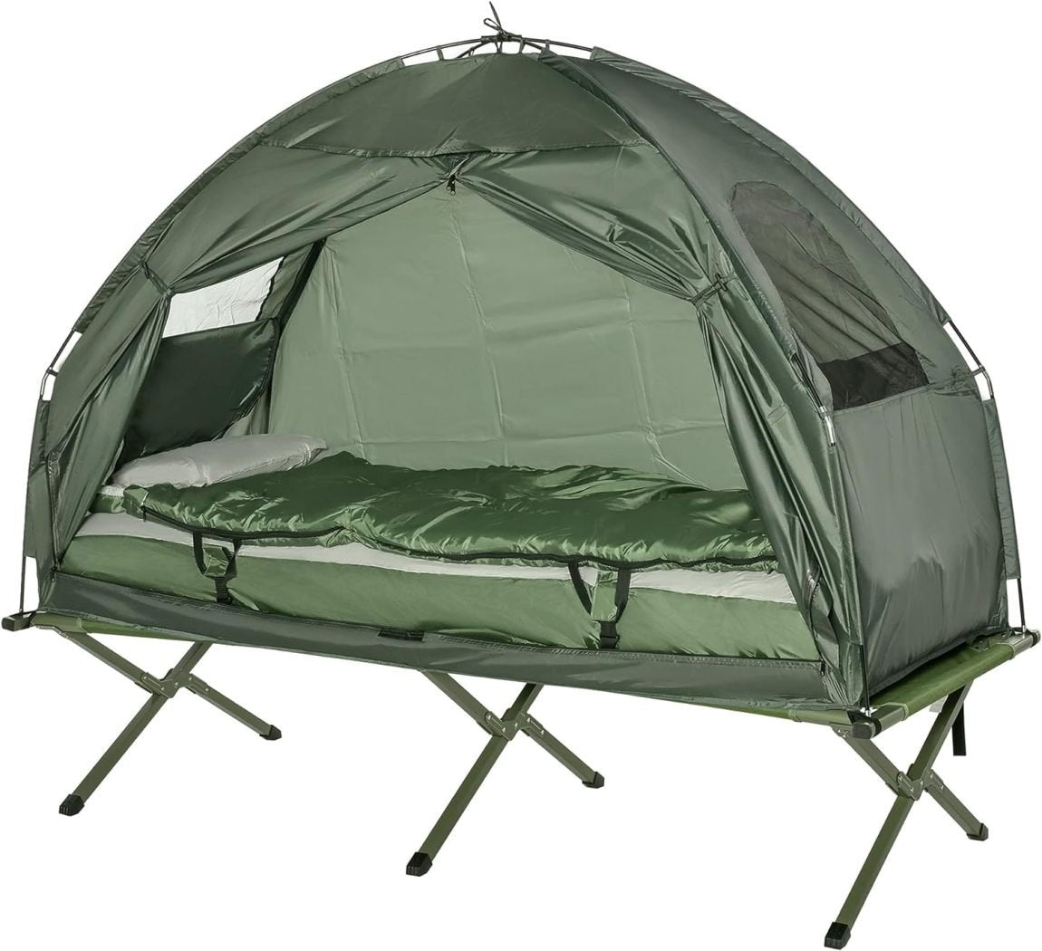 otsunny cama de camp 4-en-1 – Ensemble campinog con tente, bolsa de cochage y matelas plegable, verde foncé