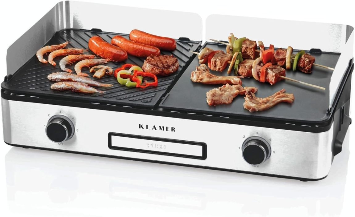 KLAMER barbacoa eléctrico – placas duo antiadhésives amovibles, temperaturas séparées, 5 niveaux, pare-vent/anti-éclabossures y bac récupérateur