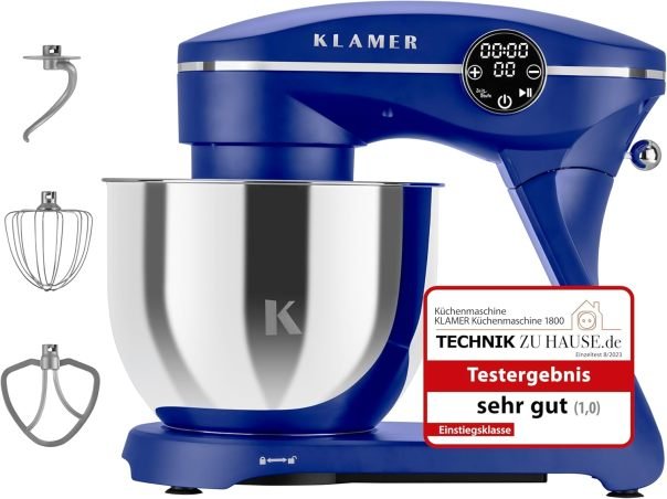 KLAMER Robot de cocina 1800 W con bol acero inoxidable 6 L, 10 velocidads y minuterie, batteur, crochy pétrisseur, foy y tapa anti-éclabossures