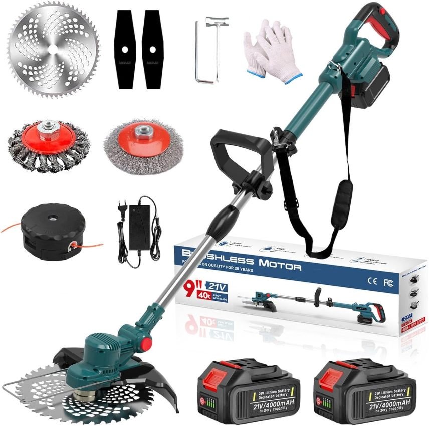 Hengriacly Cope-bordures inalámbrico 21 V – Compatible baterías Makita, brosse désherbante, moteur brushless 750 W, 2 baterías 4,0 Ah y cargador