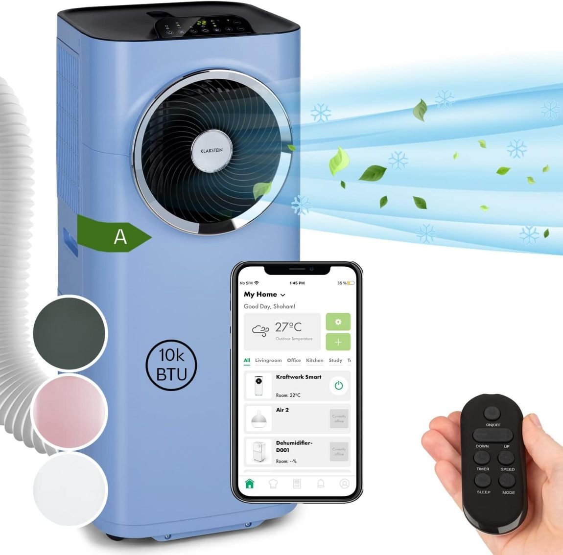Klarstein aire acondicionado mobile 5-en-1 con tuyau d’évacuation – ventilador, déshumidificateur, purificateur, mode nuit, application, 12 000 BTU