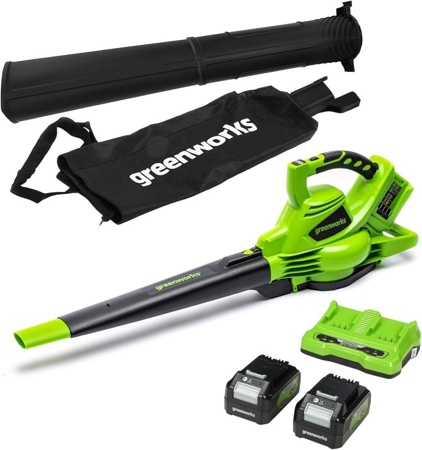 Greenworks aspiradora/soffleur de feuilles inalámbrico 48 V (2×24 V) – Brushless, jusqu’à 322 km/h, bolsa 45 L, 2 baterías 4 Ah y cargador, garantie