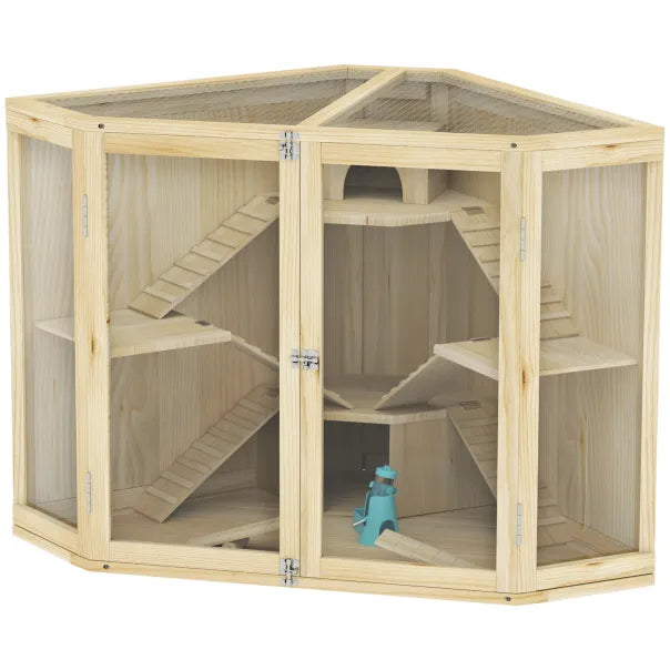 PawHut Cage para hamster de madera 4 niveaux con accessoires y ventana