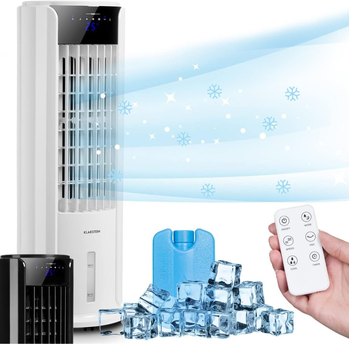Klarstein Rafraîchisseur d’air à eau 4-en-1 – Humidificateur, ventilador, mode nuit, depósito 3,5 L, minuterie, 60 W, débit 486 m³/h