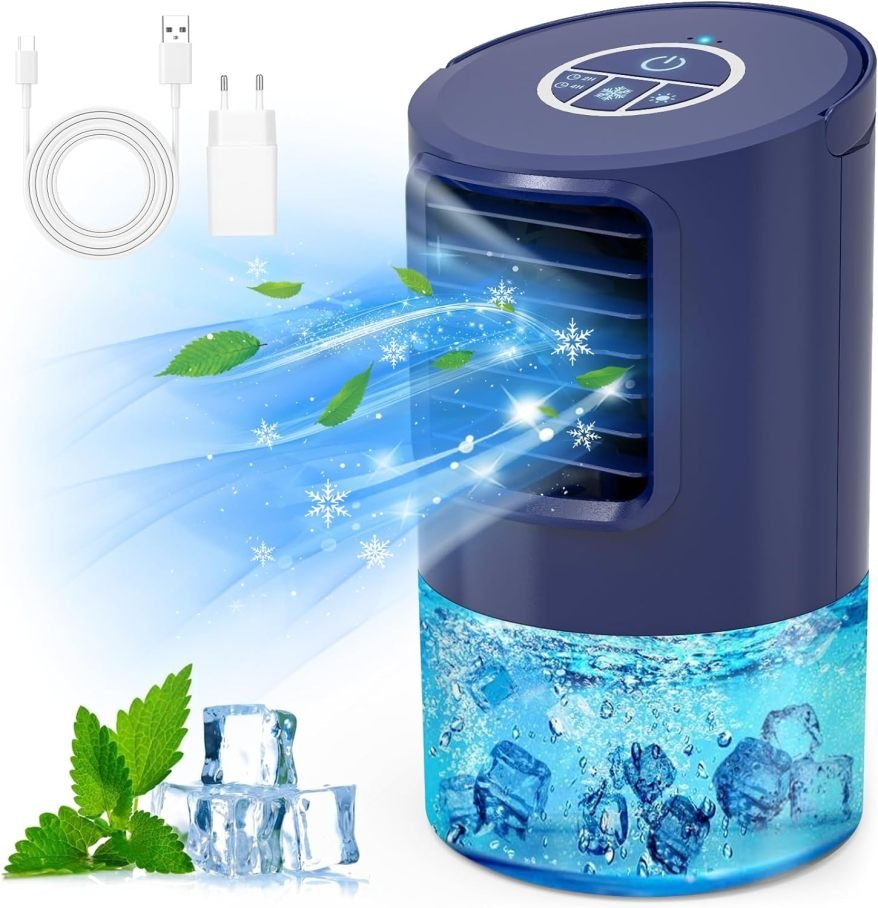 RenFox Mini rafraîchisseur d’air 5-en-1 – aire acondicionado mobile, ventilador, humidificateur, 3 velocidads, 7 LED, para maison y bureau
