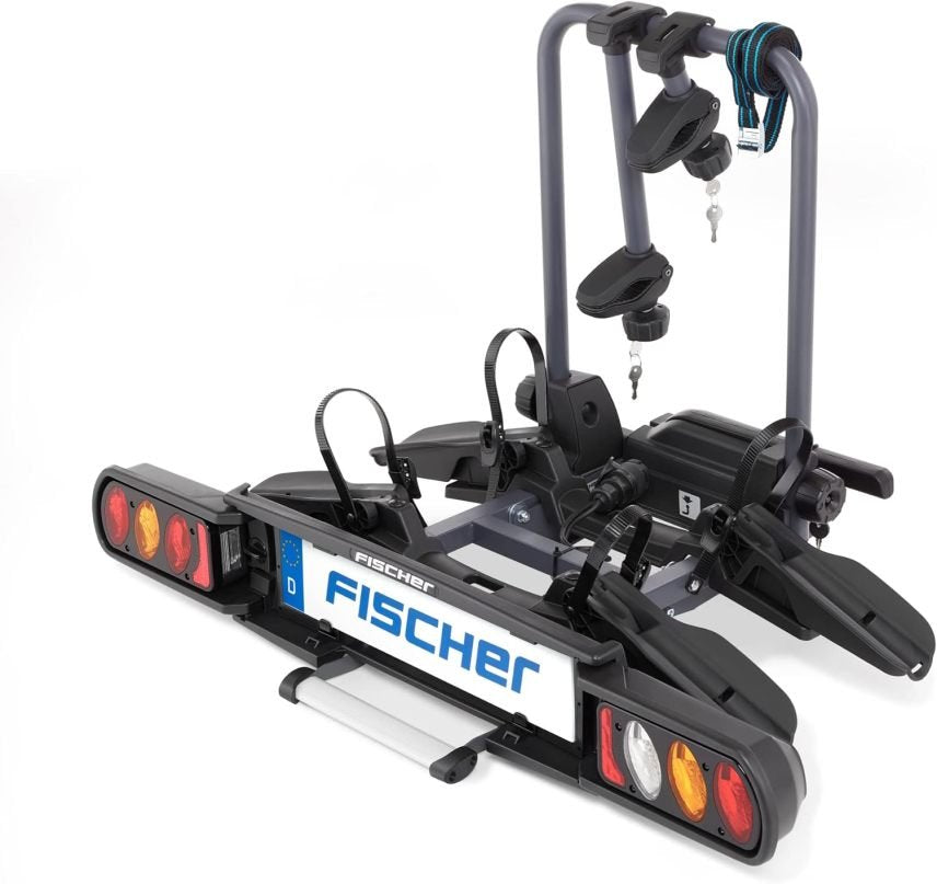 Fischer ProlinoeEvo 2 puerta-biciclyas d’attelage – para 2 biciclyas jusqu’à 60 kg, compatible biciclyas eléctricos, prémonté, verroillable y plegable