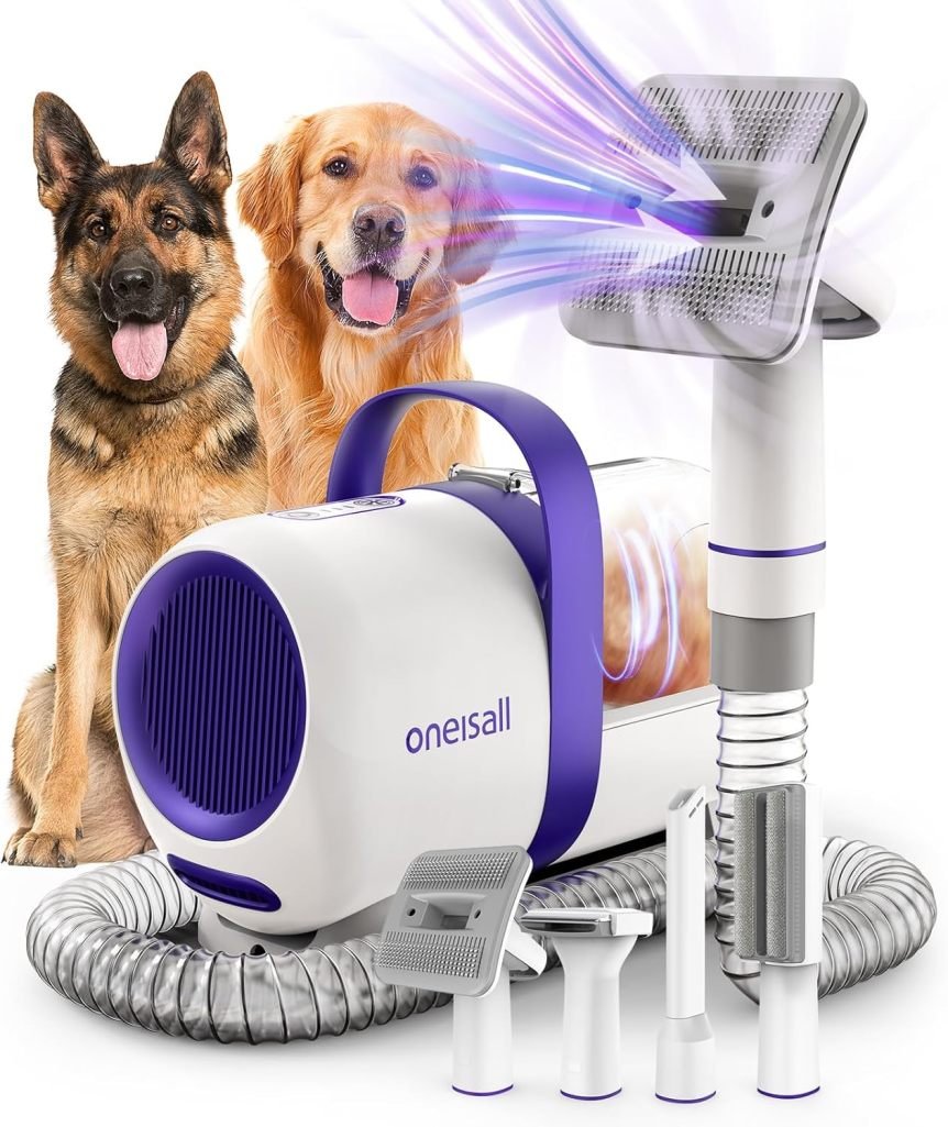 oneisall aspiradora para chien con brosse – potencia 12 000 Pa, aspiration des poils en un boton, 4 accessoires de toilytage