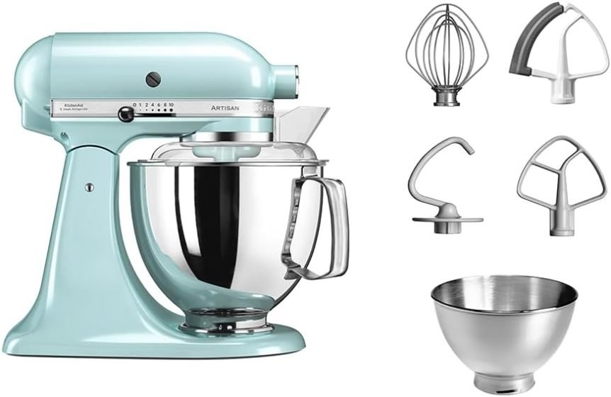 KitchenAid Artisan Robot de cocina à tête inclinoable – 5 accessoires, 2 bols acero inoxidable, 4,8 L, pistache