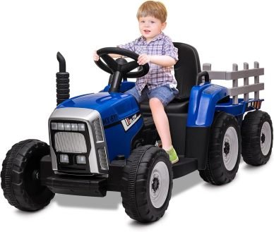 HAUSPROFI Tracteur eléctrico niño 12 V 3 velocidads con remorque – 2 modes de conduite, mando a distancia 2,4 GHz, LED, Bluyooth, musique, USB