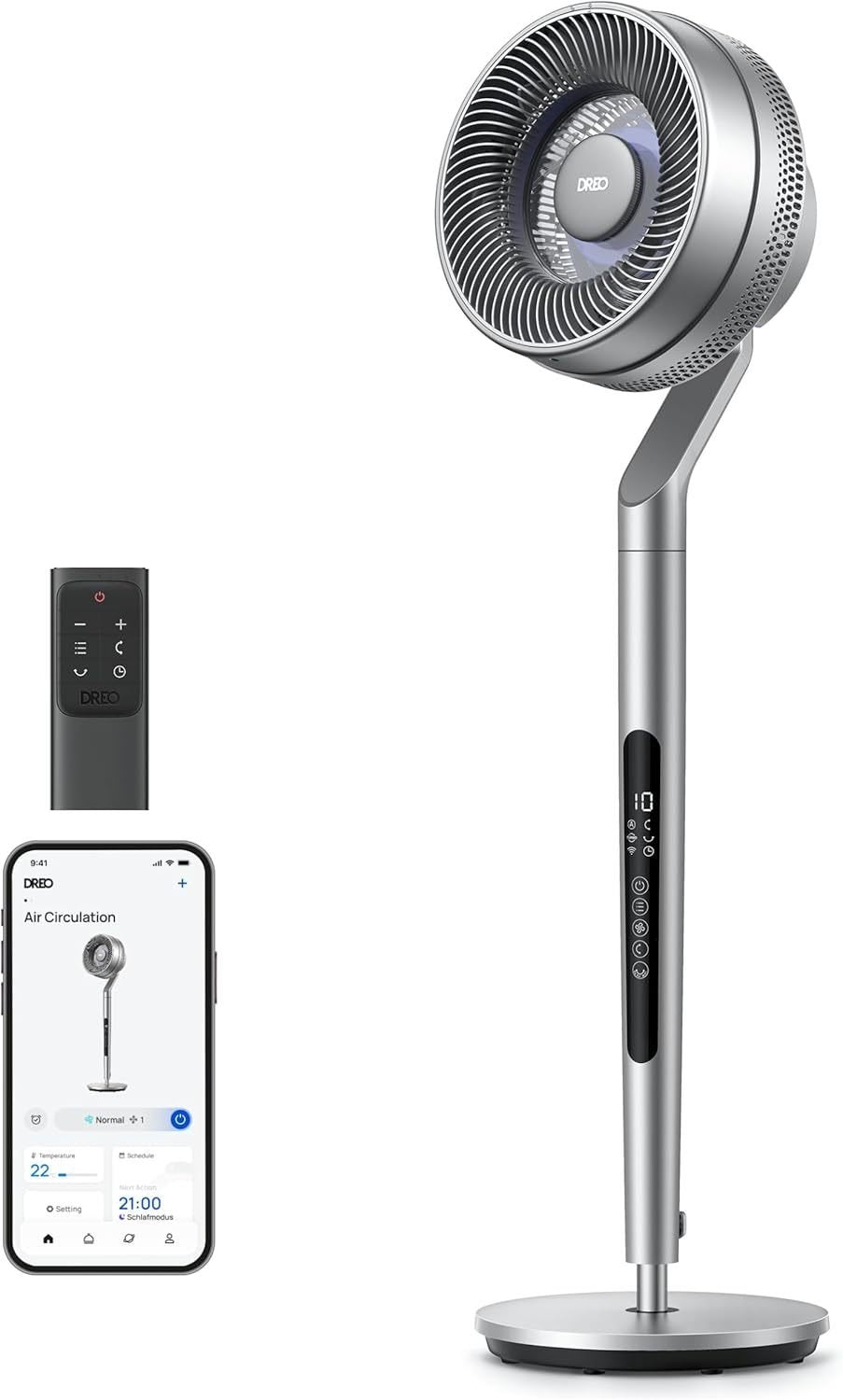 Dreo ventilador sur pie intelligent – altura 101,6-111,8 cm, moteur DC silencioso, oscillation 120° + 85°, portée d’air 30,5 m, 10 velocidads