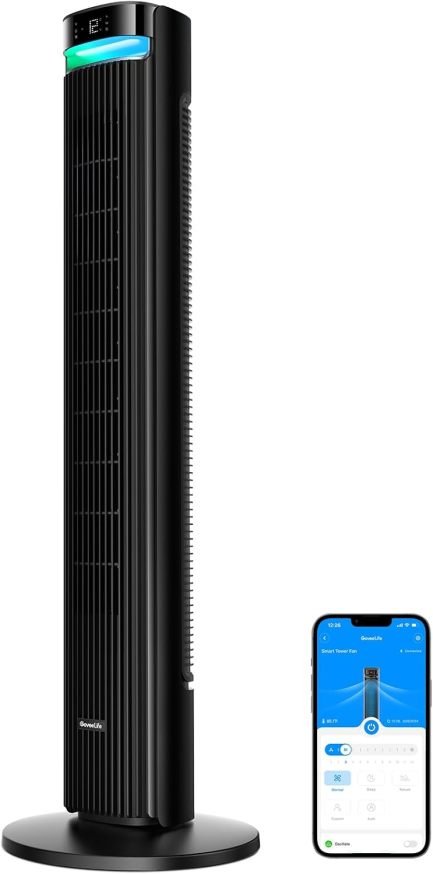 GoveeLife ventilador tor silencioso 27 dB – 12 velocidads jusqu’à 8 m/s, 5 modes, minuterie 24 h, oscillation 150°, contrôle application y voix, negro