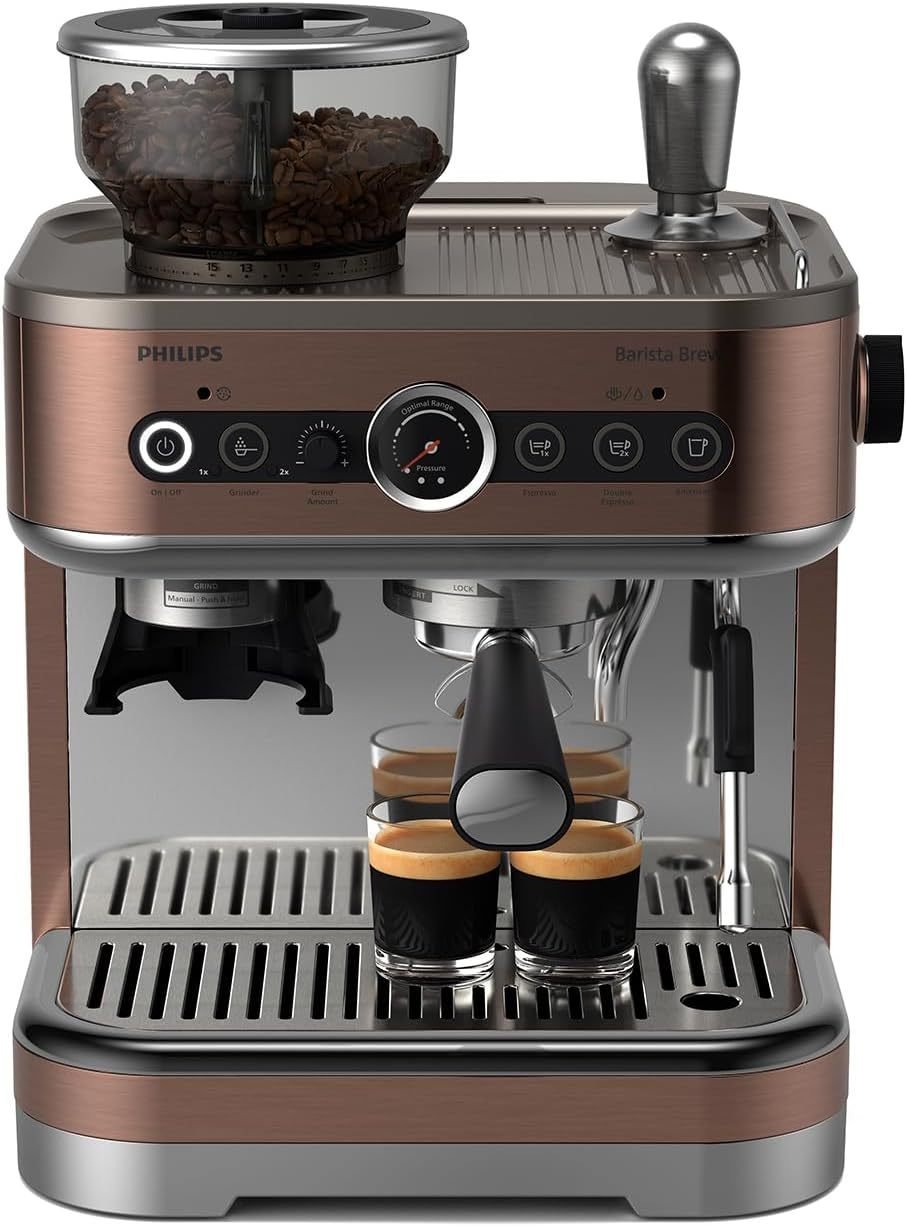 Philips Barista Brew Cafyera espresso semi-automático PSA3218/01 – Espresso simple/doble, Americano, bac à grains 250 g, tassage calibré, argent