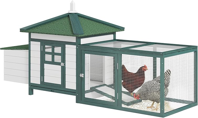 PawHut Gallinero de Madera para Exterior con Nidos y Corral – 196 × 76 × 97 cm, Verde