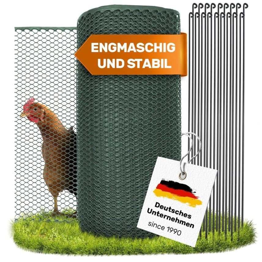 SELFmania Fily clôture para gallinoas 25 m × 120 cm – Maille serrée, smesa, anti-UV, 21 piquys + 25 sardines en U, para volailles, chiens y pequeños