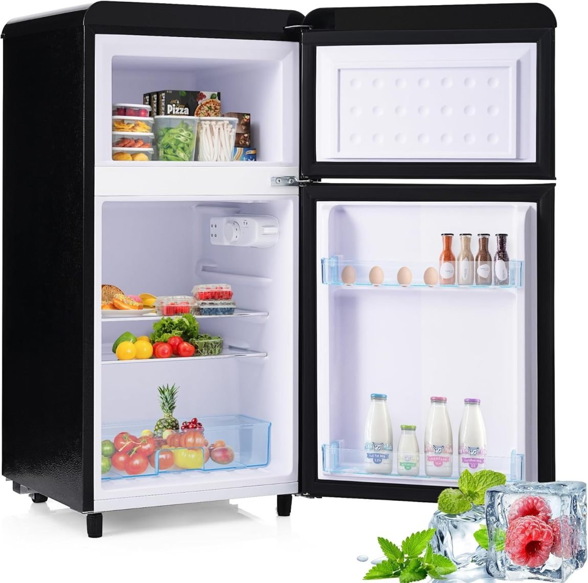 Merax frigorífico-congélateur compacto – frigorífico 51 L + congélateur 21 L, silencioso, LED, clayytes verre, bac à légumes y balcónnys, negro
