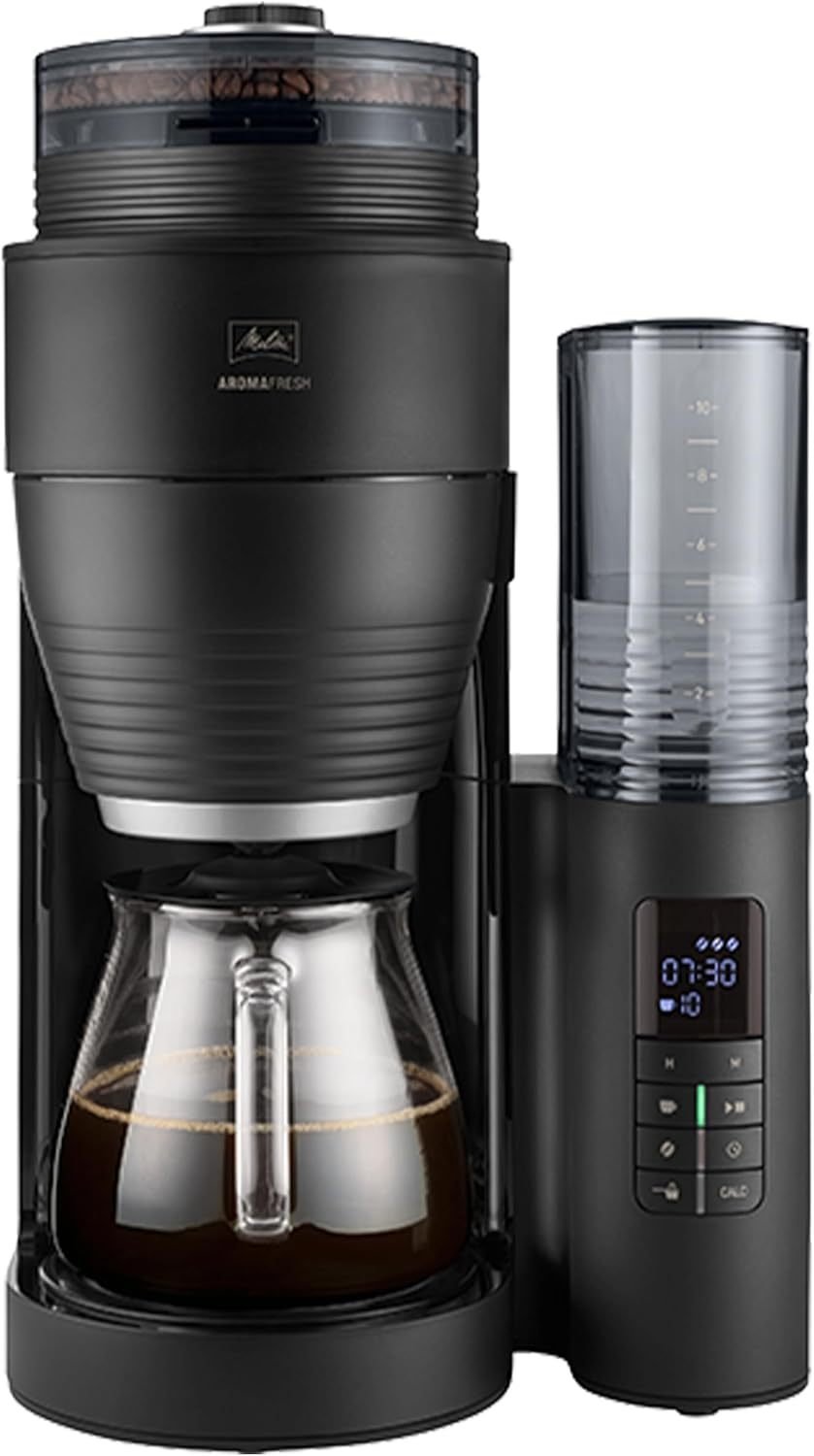 Mecamata AromaFresh X cafyera filtre con broyeur – Verseuse en verre, anti-gotte, jusqu’à 10 tasses, negro/argent
