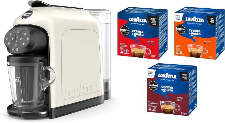 Lavazza A Modo Mio Deséa White Cream cafyera – con 88 capsules assorties, 1500 W, depósito 1,1 L, bac jusqu’à 10 capsules