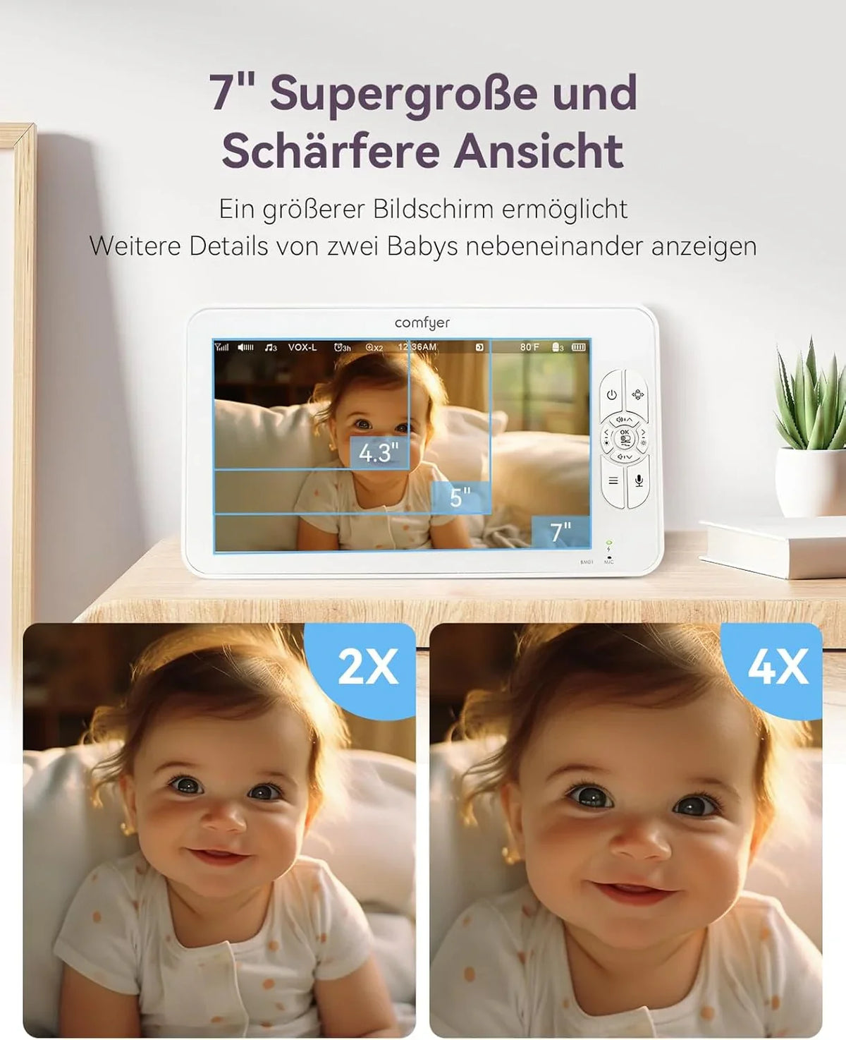 Comfyer Babyphone vidéo pantalla partagé con 2 caméras, pantalla 7 poces HD 720p, sin Wi-Fi, sopuerta, vision nocturne IR, objectif grande-angle, mode