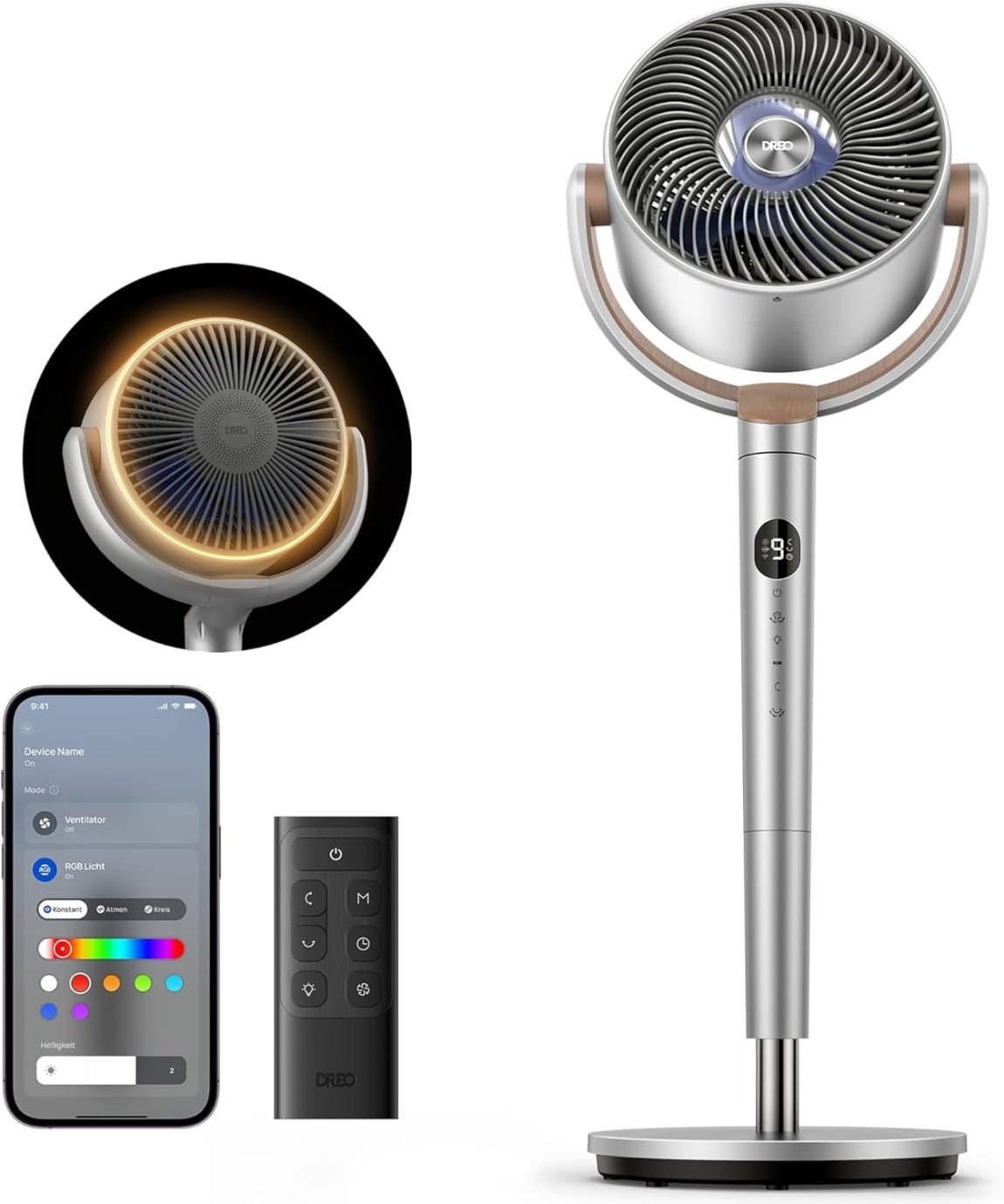 Dreo ventilador sur pie intelligent con éclairage RGB – Oscillation 120° + 120°, mando a distancia, silencioso 20 dB, minuterie 8 h, argent