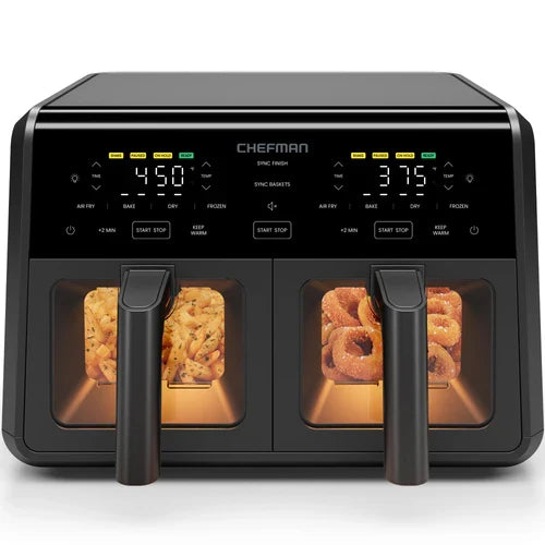 Chefman TurboFry Dual Basky Airfryer 9 qt con ventanas – freidora sin huile à 2 compartiments, grandee capacidad, negroe