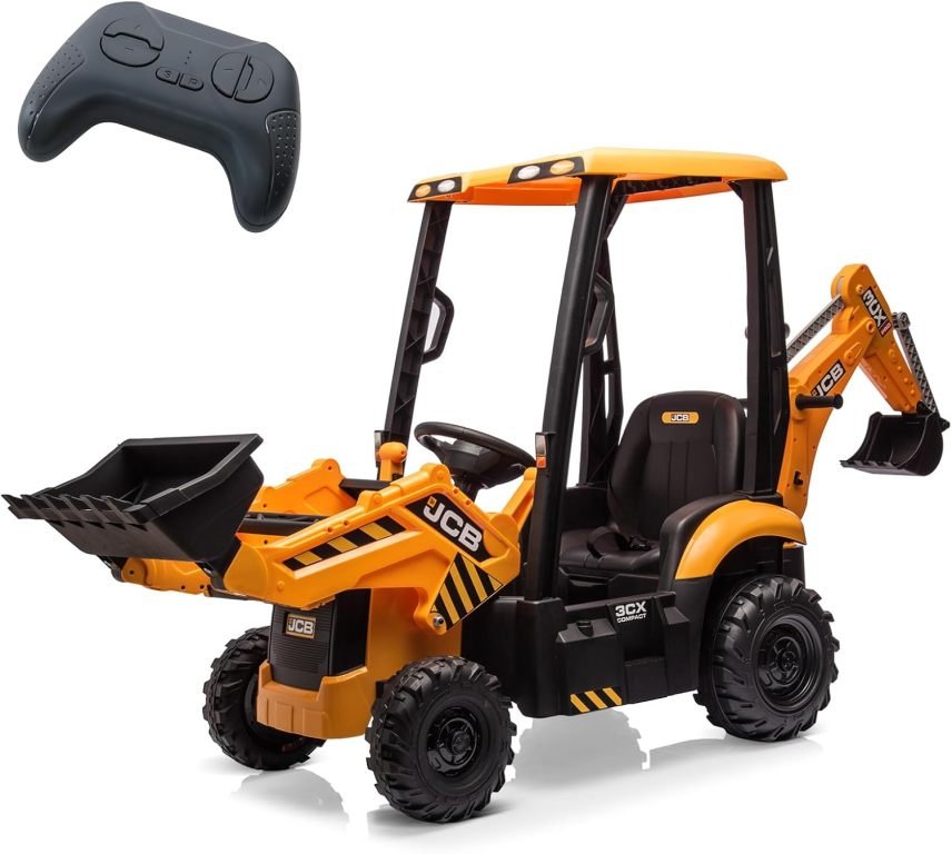 Pellyeuse y bulldozer eléctrico niño 4-en-1, 12 V – mando a distancia, cargador frontal, pelle, klaxon, pneus EVA, amarillo
