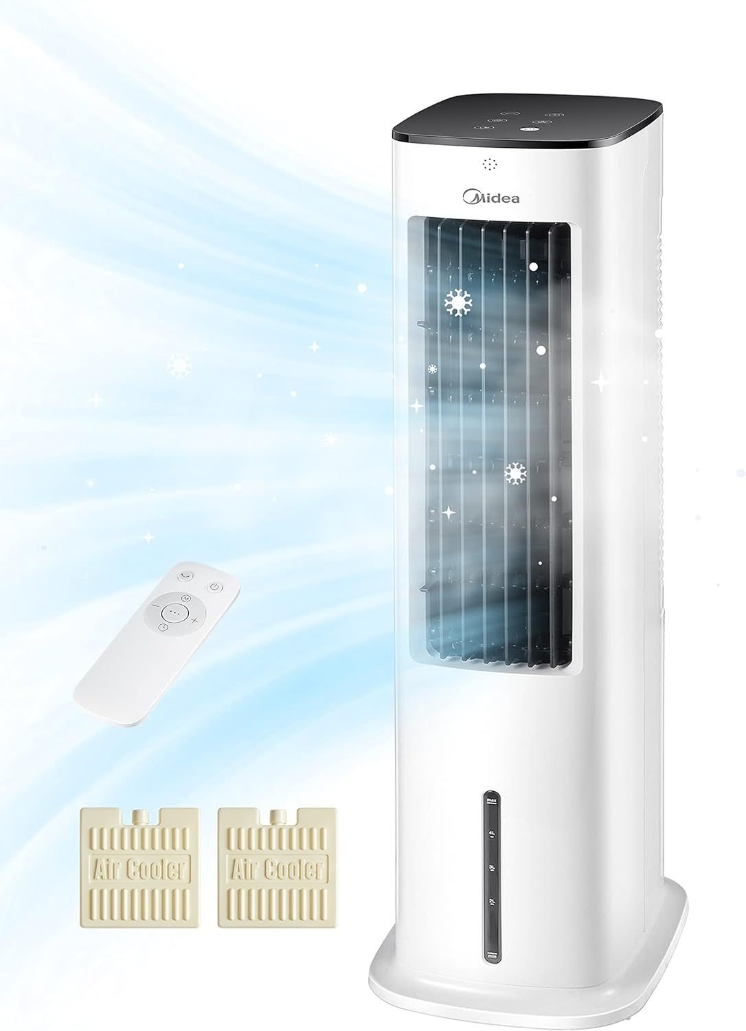 Midea Rafraîchisseur d’air con refroidissement à eau – depósito 5 L, humidificateur, ionisation, sin gaine d’évacuation, 355 m³/h, mando a distancia