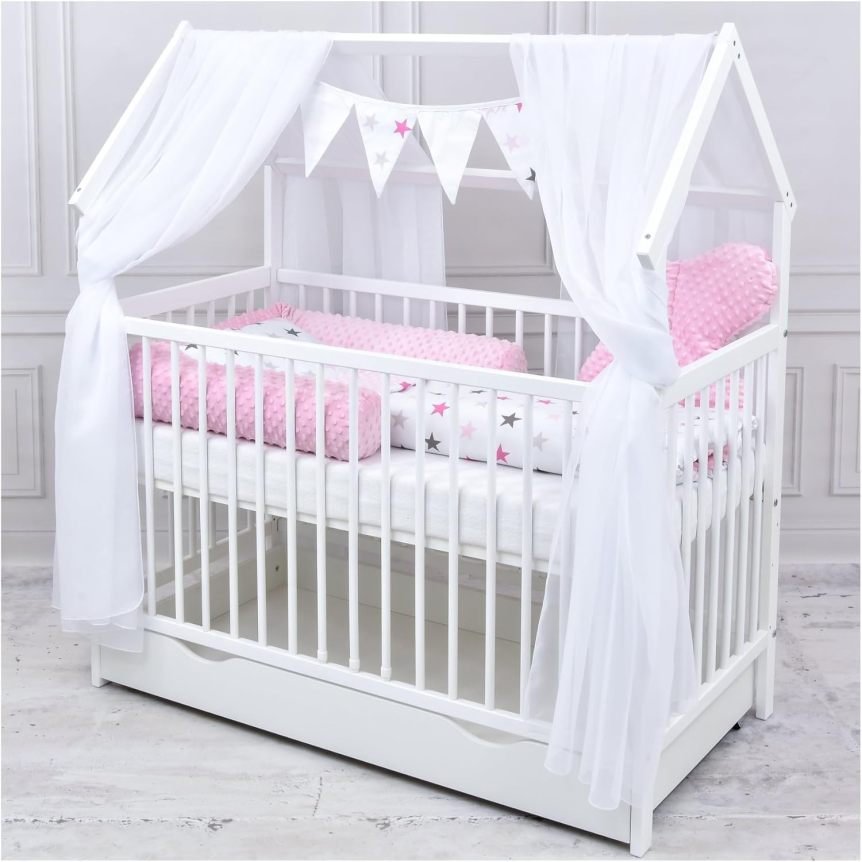 Baby Delux Ensemble cuna cabane 60 × 120 cm – blanco, tiroir, barrière anti-chute, matelas, camaerie y décoration Prince Stars