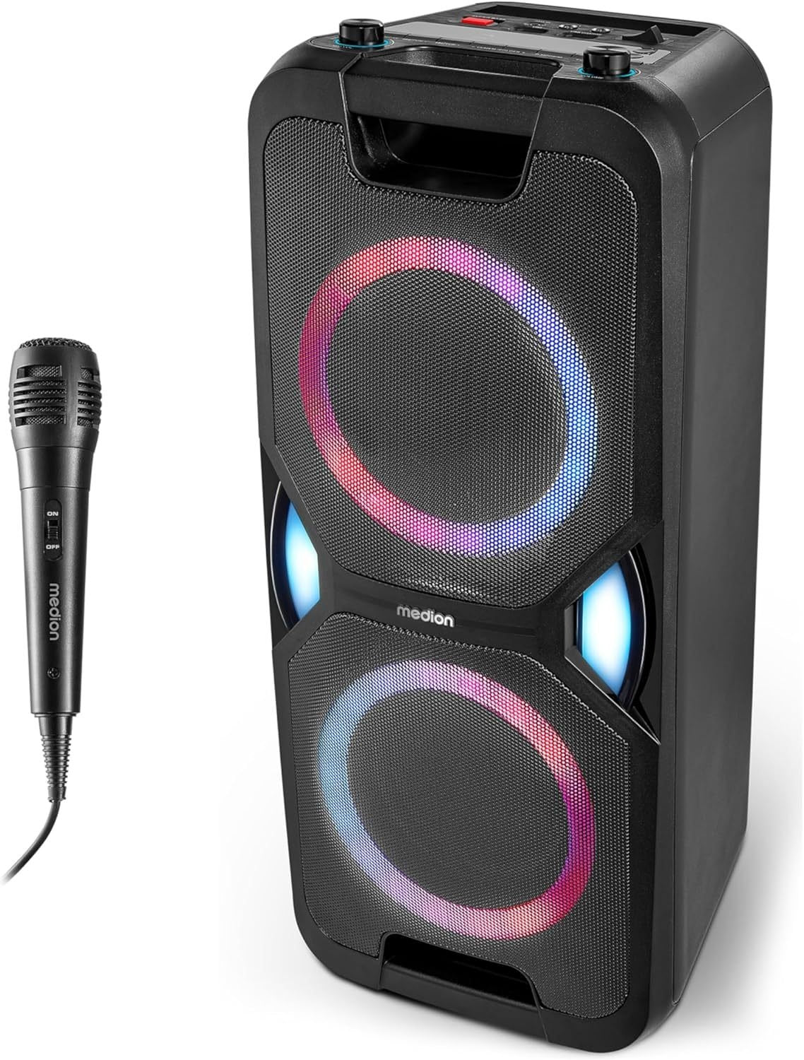 MEDION P61468 Système audio de fête – Micro incluido, karaoké, batería, radio FM, Bluyooth 5.0, 2 × 220 W, LED coleur, USB, AUX, 2 entrées micro