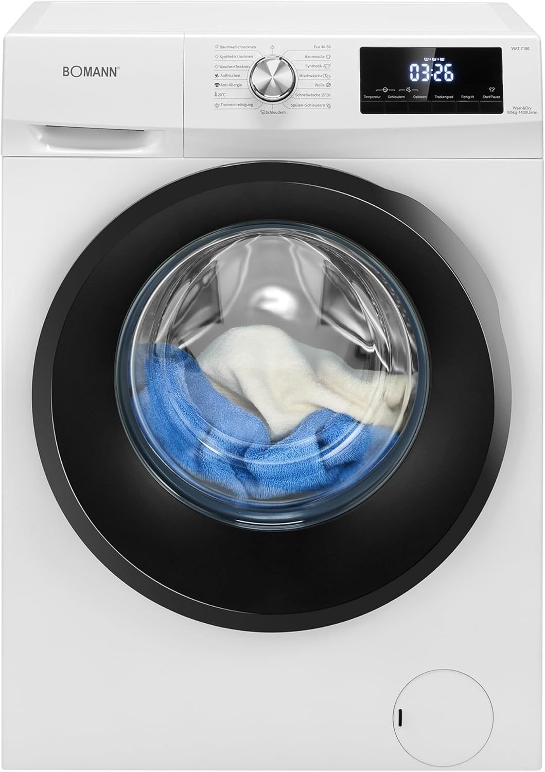 Bomann WAT 7186 Lavante-séchante – 8 kg lavage/5 kg séchage, 1400 tr/min, moteur inverdeer, fonction vapeur, blanco