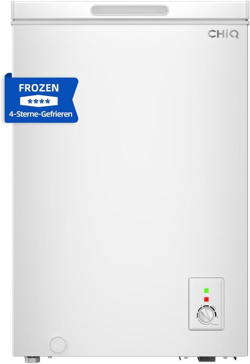 CHiQ FCF98DE Congélateur baúl 99 L – 54,5 × 47,6 × 83,5 cm, 4 étoiles, termostato, panier myallique, puerta suspendue, silencioso, blanco