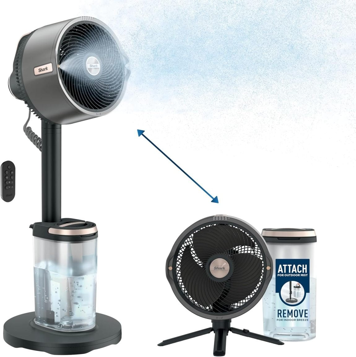 Shark FlexBreeze Pro ventilador brumisateur – interior/exterior, brumisation intégrée, socle converdeible en modèle de mesa, con cable o inalámbrico