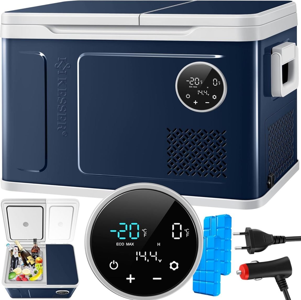 KESSER Glacière à compresor 2-en-1 doble zone réfrigération/congélation – 2 accumulateurs de froid, commandes tactiles LED, jusqu’à -20 °C, 12/24