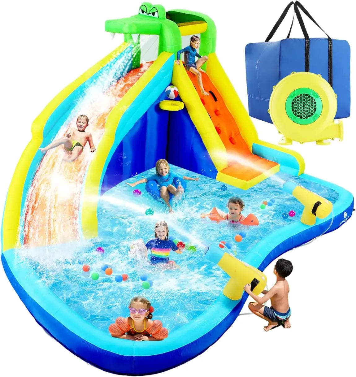 Parc aquatique gonflable niño 8-en-1 con sofflerie 450 W – Mur d’escalade, pataugeoire, 2 canons à eau, panier de basky, toboggan y arroseur