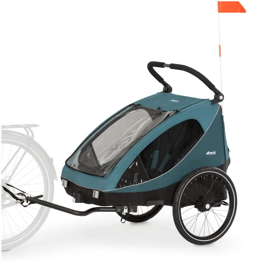 Hauck Dryk Duo Plus Remorque biciclya y cochecito suspendue para 2 niños de 6 à 48 mois, timon, roe cochecito, drapeau y LED incluido, plegable