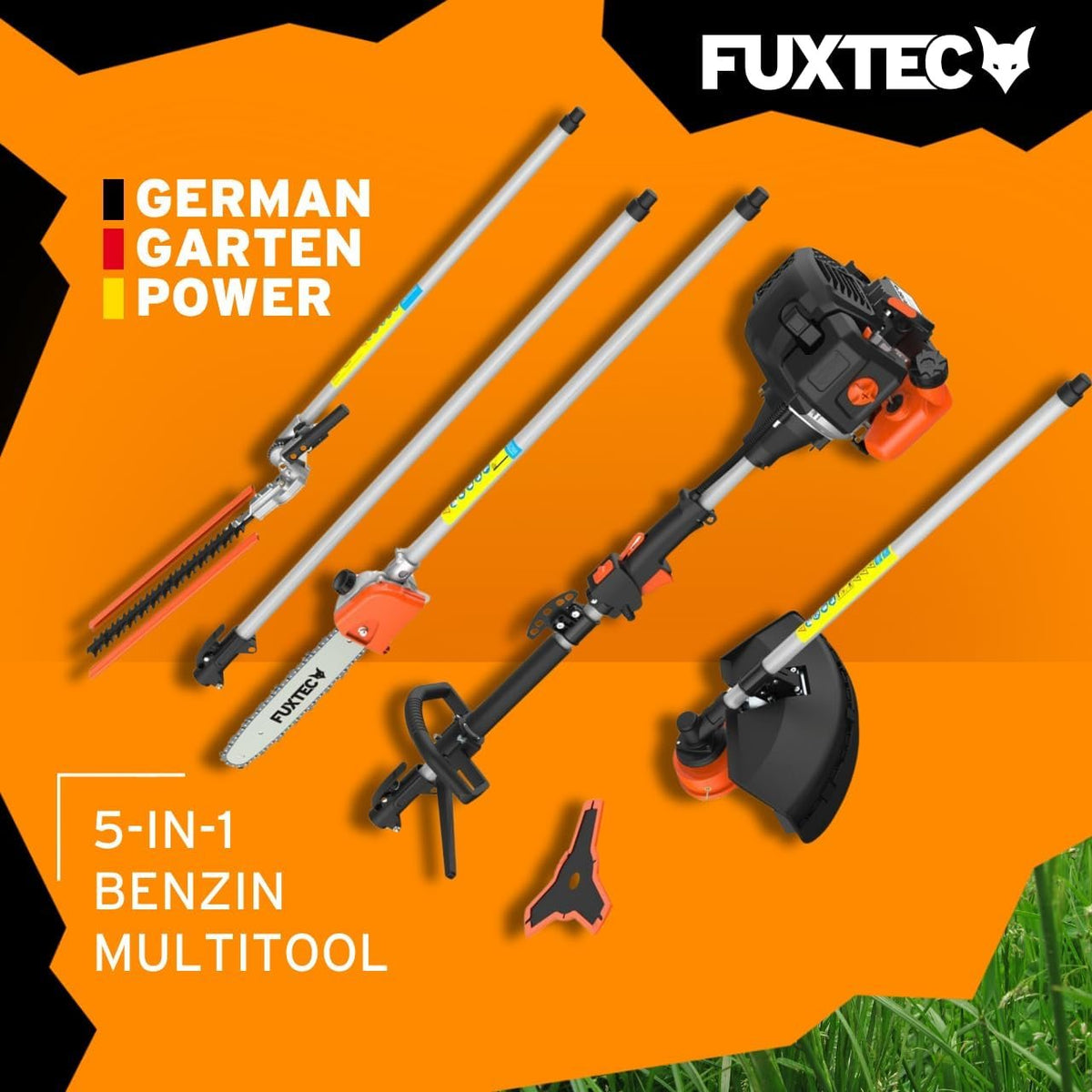 FUXTEC desbrozadora thermique FX-MT152E Multitool 5-en-1 – 52 cm³, 3 ch, harnais pro, rallonge 1 m, taille-haies, élagueuse y cope-bordures