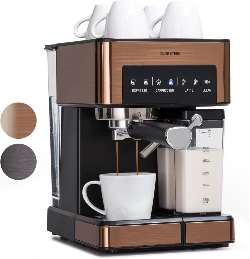 Klarstein Cafyera espresso con puerta-filtre y mosseur à lait – 1,8 L, 20 bar, acero inoxidable, depósito lait 0,5 L, 1350 W, café molu