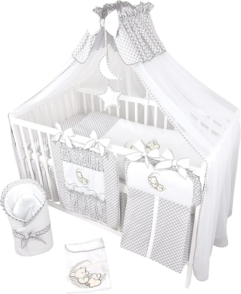 Bello24 Ensemble cuna 16 piezas Happy Leo – cama, camaerie y matelas, altura regulable, bois massif, gris motif ors/lune