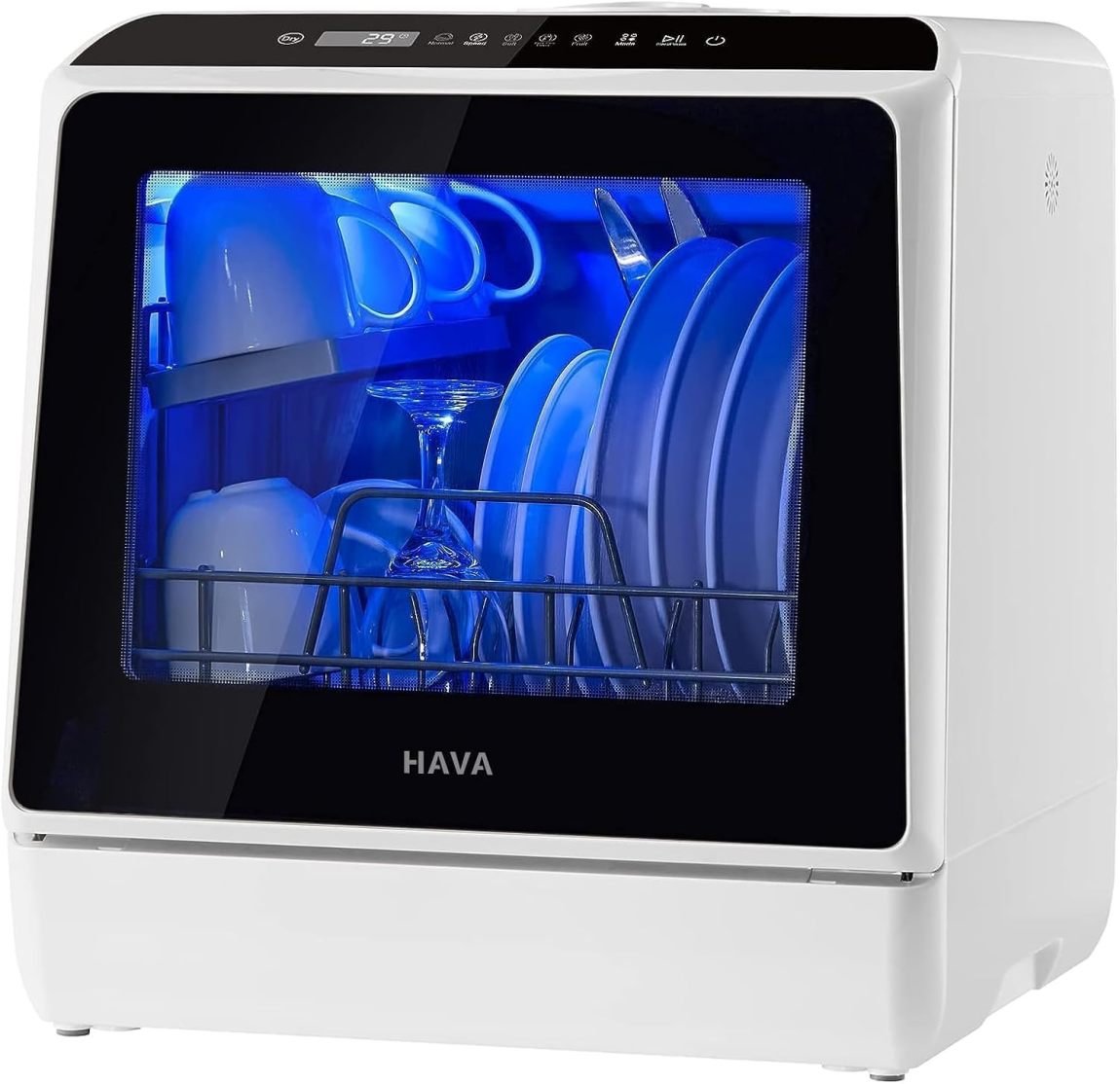 HAVA Mini lavavajillas de mesa – 6 programmes, depósito intégré 5 L, sin raccordement, mode articles bébé y séchage à l’air, para appartement