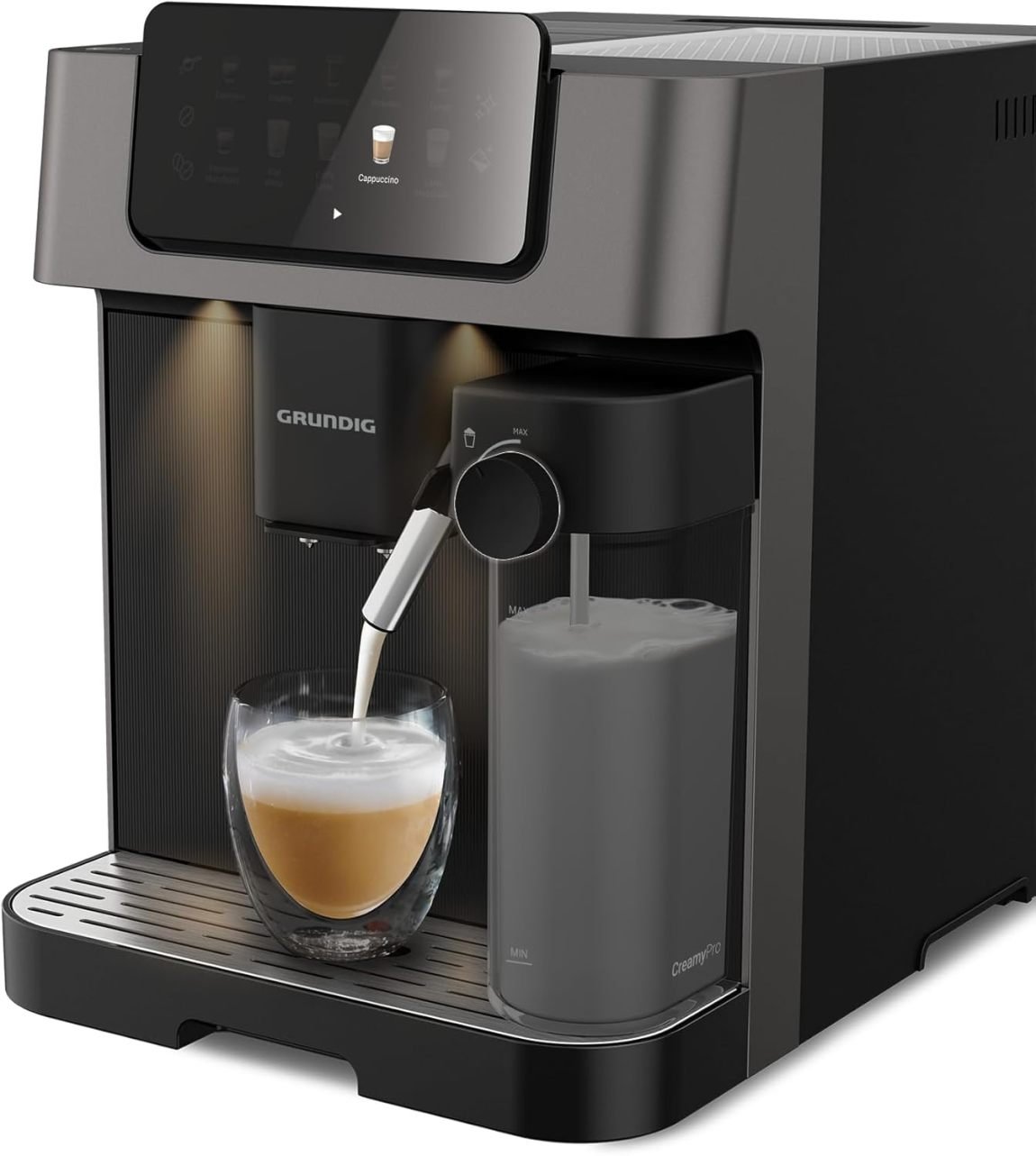 GRUNDIG KVA 7230 cafyera automático – 10 spéciacamaés, 13 niveaux de moture, depósito à lait, 1350 W, pompe 19 bar, doble buse, éclairage