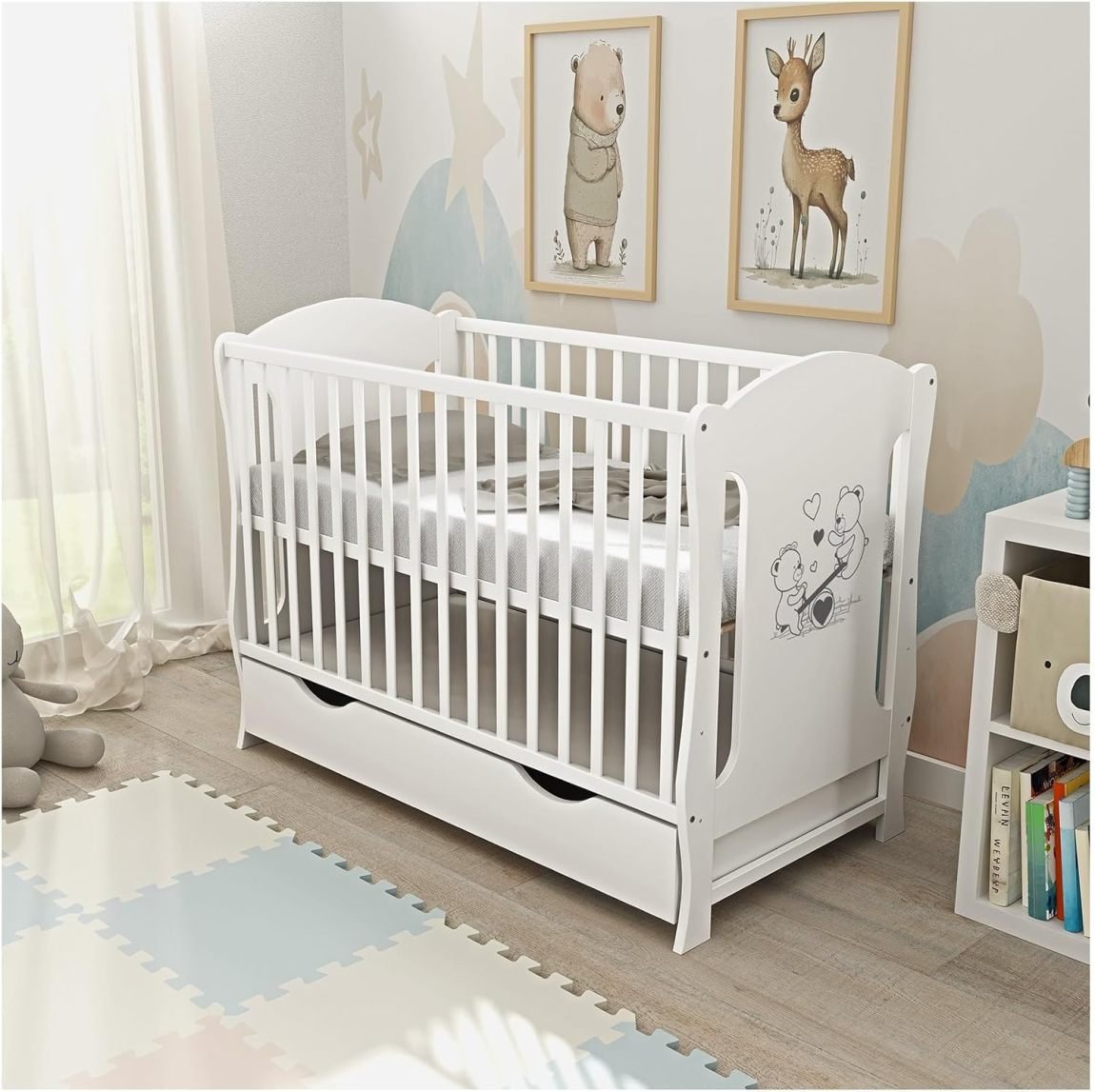 Baby Delux cuna 60 × 120 cm blanco – Converdeible en cama junior, tiroir, matelas, motif orson à bascule